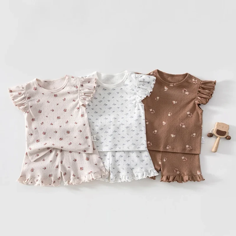 Summer Toddler Pajama Set Printed Floral Girl Baby Flutter Sleeve Top Shorts 2-Piece Suit Homewear Cotton Kids Clothes