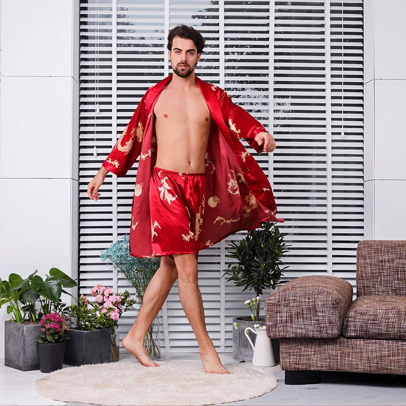 Summer Two-Piece Set Men Plus Size Woven Imitation Silk Bathrobe Long Sleeve Printed Pajamas Shorts Breathable Casual Sleepwear