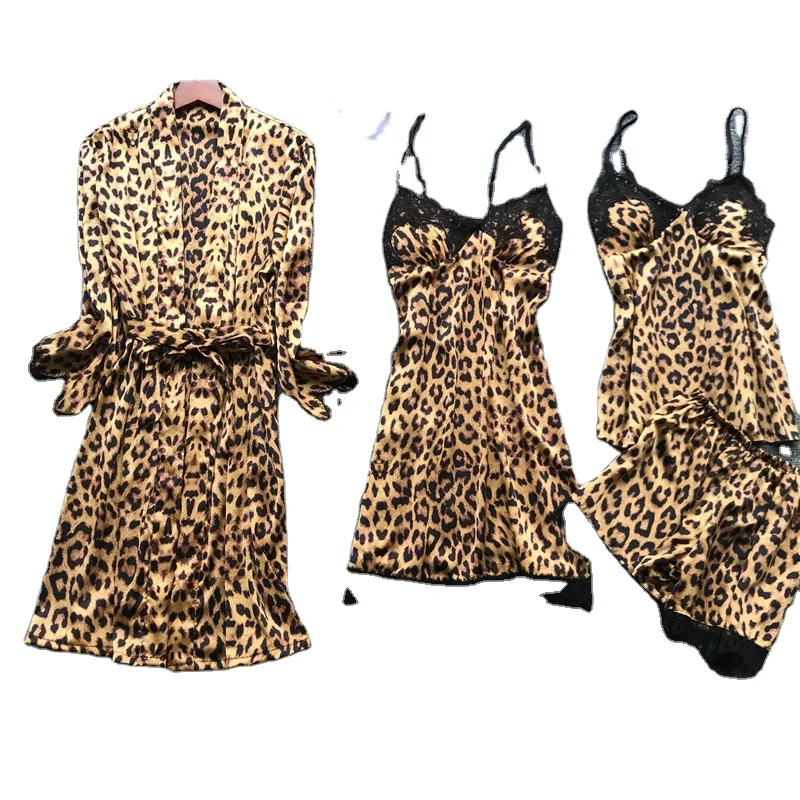 Summer Women Bridal Robe Set Nightdress Leopard Print Nighty Nightgown Bridesmaid Robes De Soiree Sexy Bathrobe Satin Robes