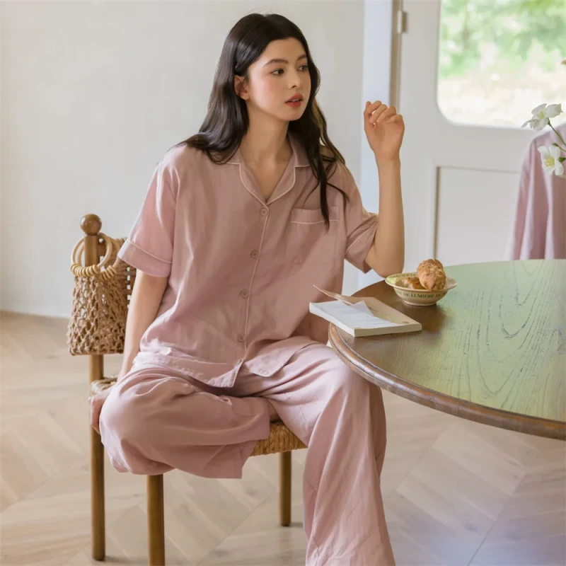 Summer Women's Blush Satin Like Pajama Set Collared Cotton Loungewear Loose Pants Sleepwear for Elegant Summer Comfort