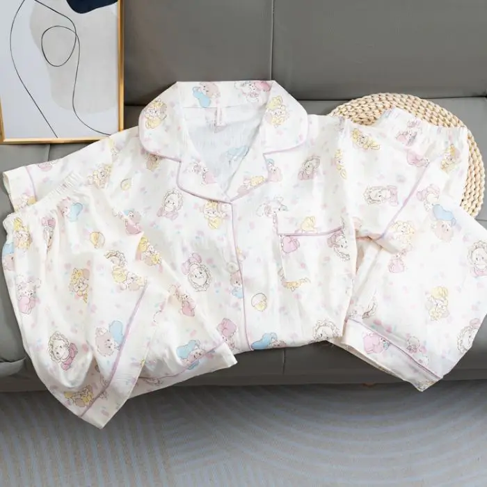 Summer Women's Pajamas Elastic Waist Full Length Shorts Trousers Clouds Cotton Sweet Cartoon Three piece Set