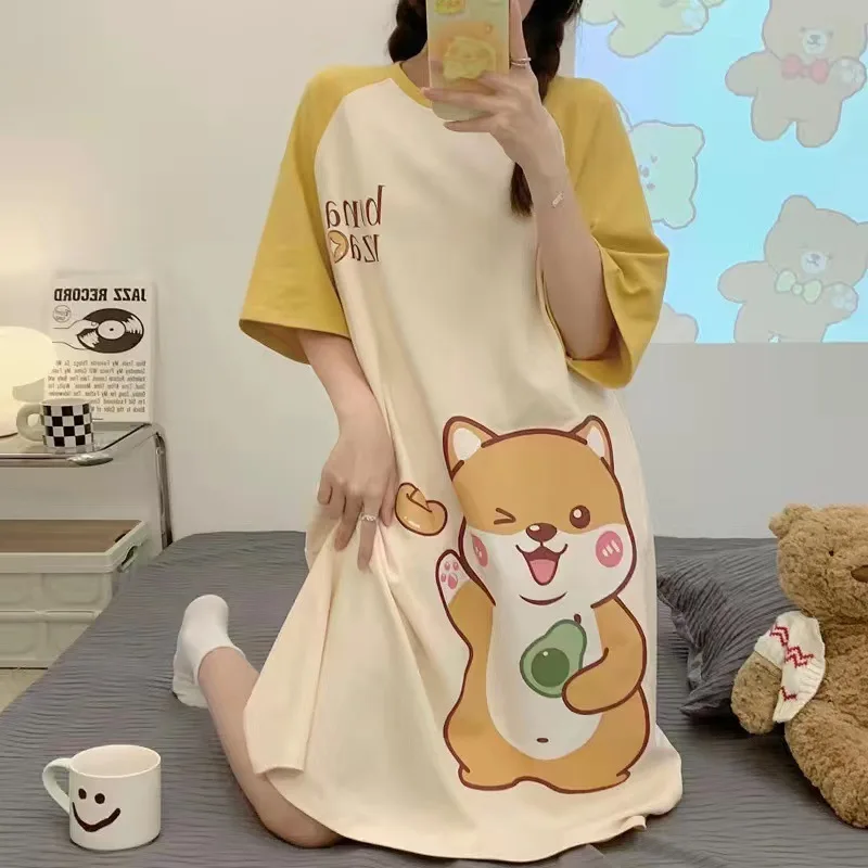 Summer Women's Short Sleeve Long Nightdress Cartoon Cotton Loose Girl Dress Casual Home Wear Pajamas
