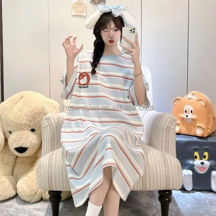 Summer Women's Short Sleeve Sleep Skirt Simple Round Neck Cute Cartoon Printed Plus Size Nightdress