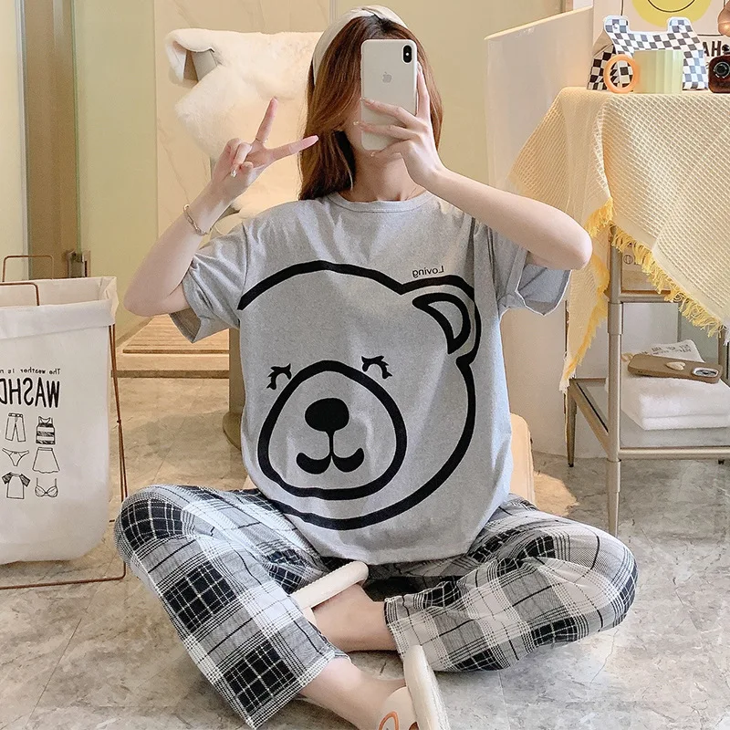 Summer Women's Short-sleeved Pants Pyjamas Set Casual Loose Cartoon Sleepwear Two-piece Homewear Soft Comfort Round Neck Pajamas