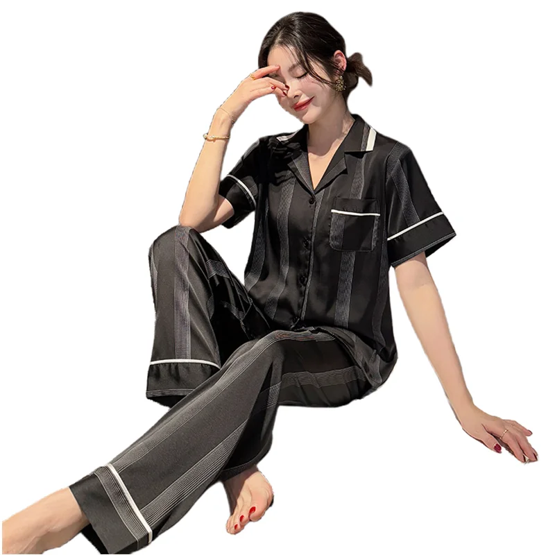 Summer Women's Silk Pajamas for Couple Sleepwear Men's Plus Size Nightwear Two piece Set