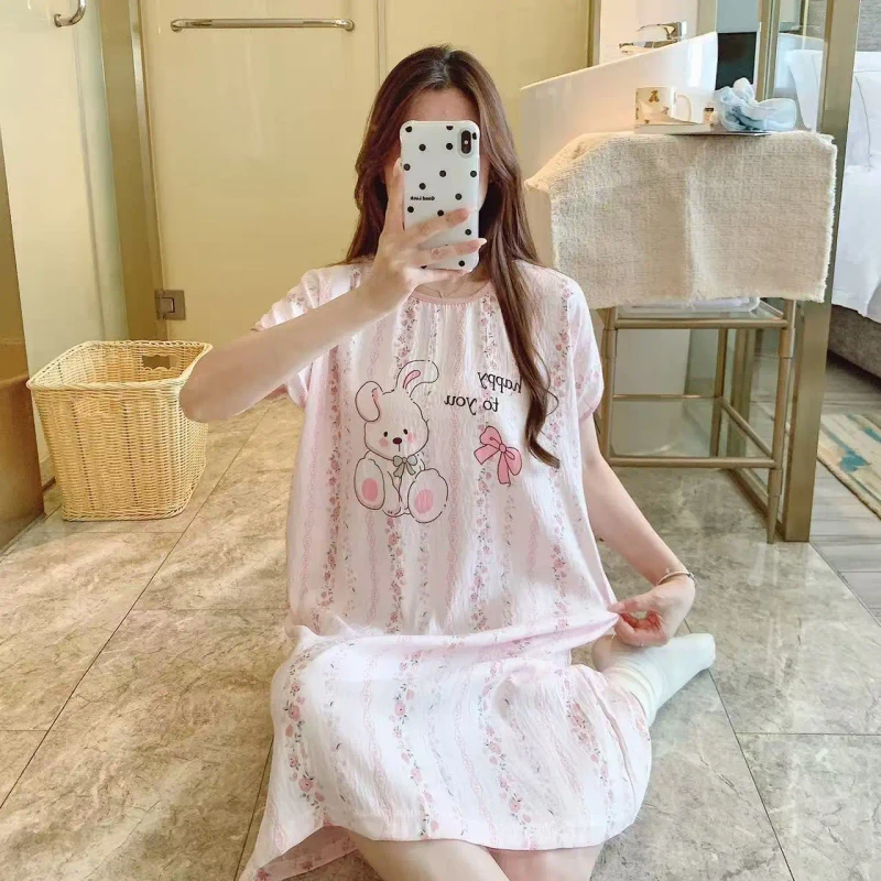 Summer Women's Soft Nightdress Loose Cartoon Home Wear Cotton Pajamas Round-neck Short-sleeved Nightgown Sweet Sleepwear
