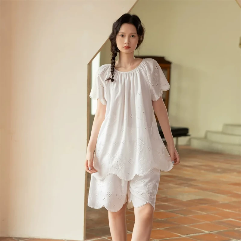 Summer Women's White Eyelet Embroidery Nightdress Breathable Cotton Sleepwear Loose Elegant Loungewear for Romantic