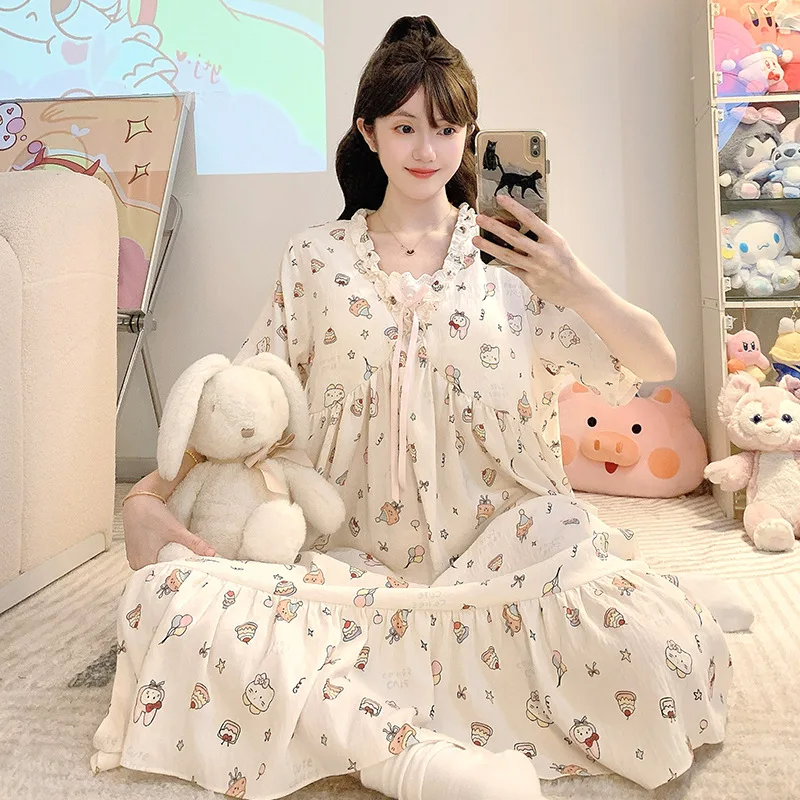 Summer Woven Sweet Cloud Cotton Women's Princess Style Short Sleeve Plus Size Midi Nightdress