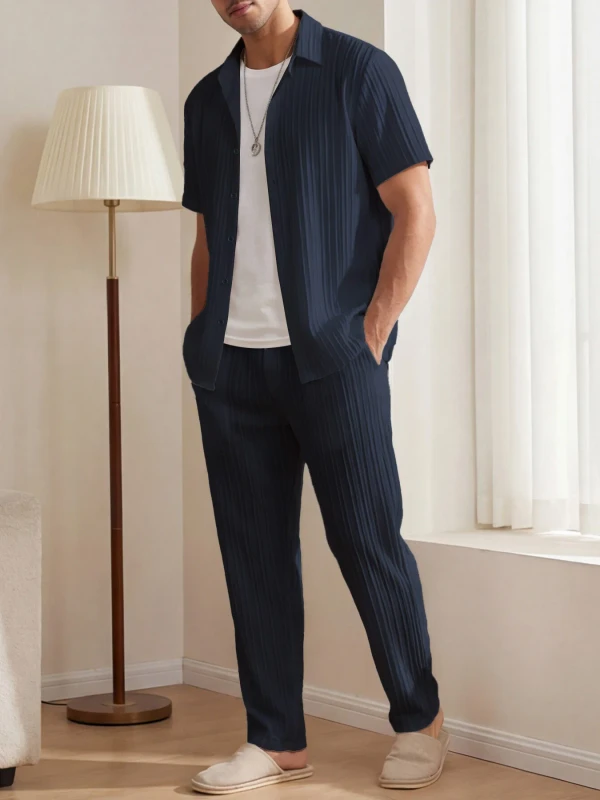 Summer men's striped short sleeve shirt and pants set casual home wear can be worn outside lightweight pajamas