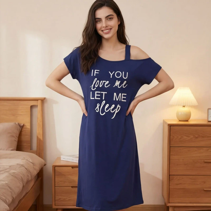 Summer women's off shoulder pajamas with cross border letter print mid length short sleeve nightdress thin sexy casual home