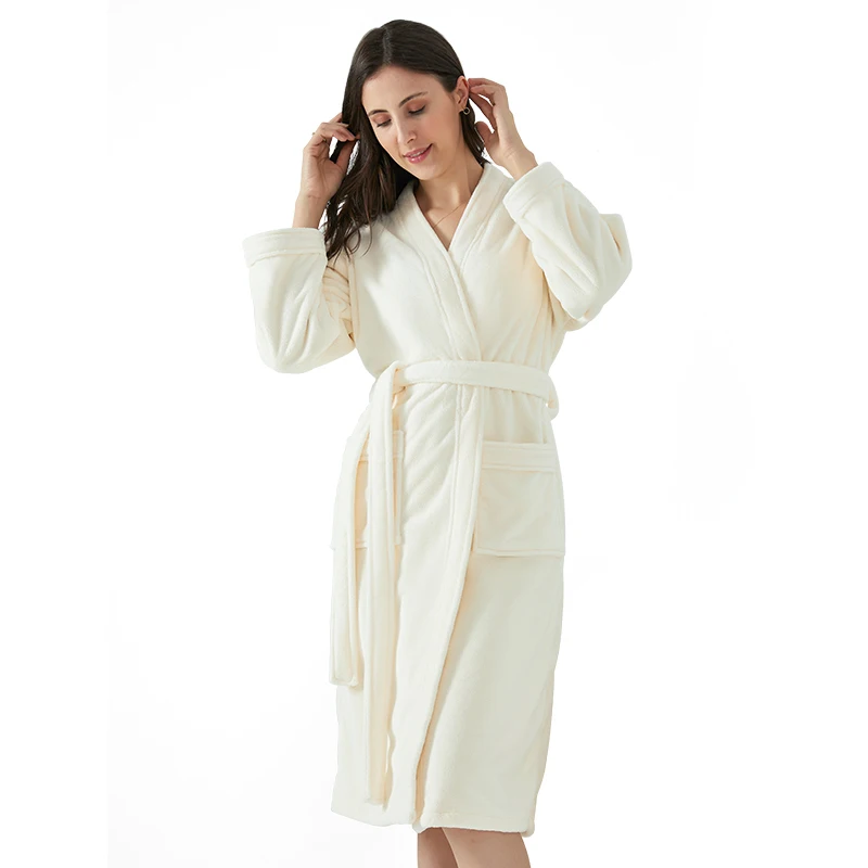 Super Soft Men's Women's Hotel Bathrobe V-Neck Spa Knee-Long Pajamas Water Absorbent Coral Fleece Microfiber Material Supplied