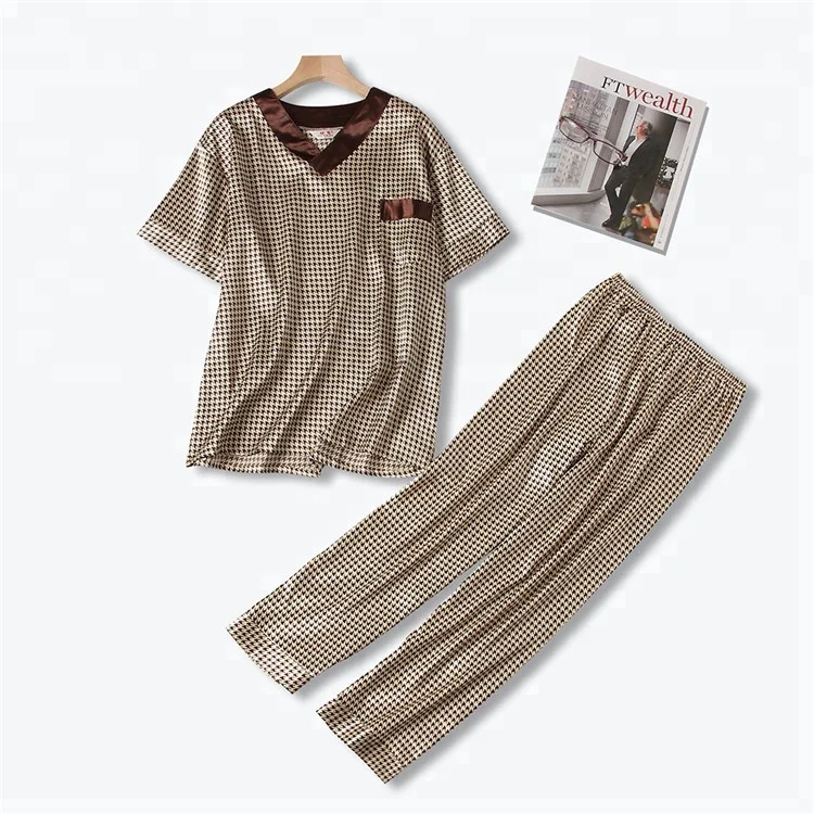 Swallow Gird Pajama for Men Short Sleeve Long Pants Printed Men's Satin Sleepwear Nighties 2 Pc Printing Grid Night Shirt Shorts