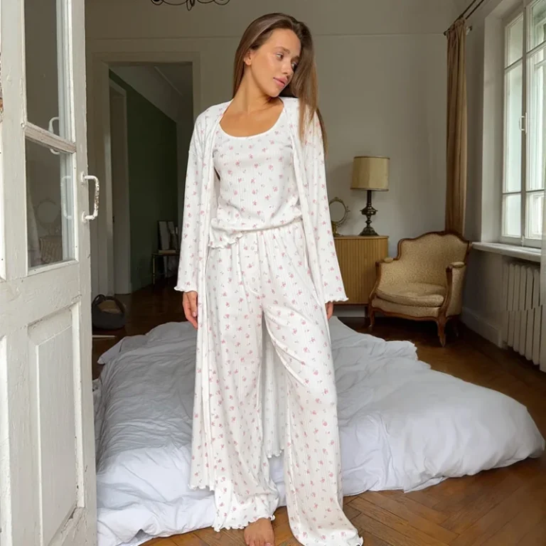 Sweet-Cardigan-Knitted-Loungewear-Long-Robe-With-Tank-Top-Pants-Womens-Pajamas-Flower-Home-Clothes-Rib-Bathrobe