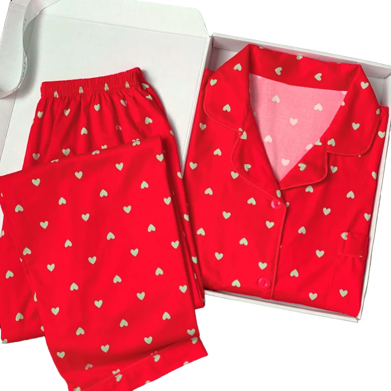 Sweet Love Print Spring and Autumn Long Sleeve Long Pants Women's Lapel Comfortable Can Be Worn Out Loungewear