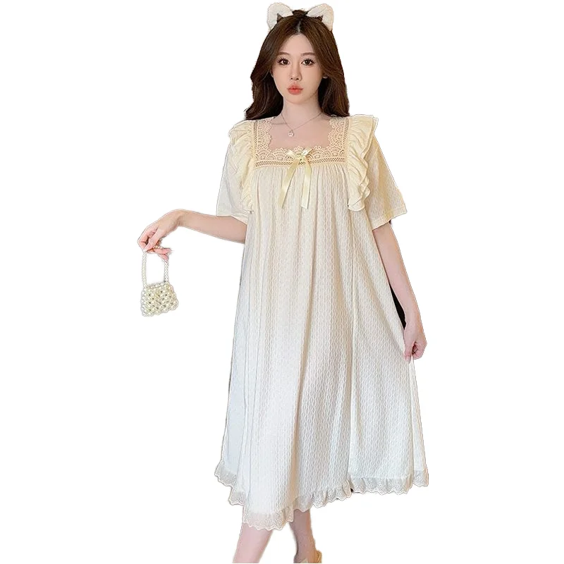 Sweet Princess Style Short Sleeve Mid length Nightdress Pajamas Sexy Lace Patchwork Ladies Casual Loose Large Size Nightdress