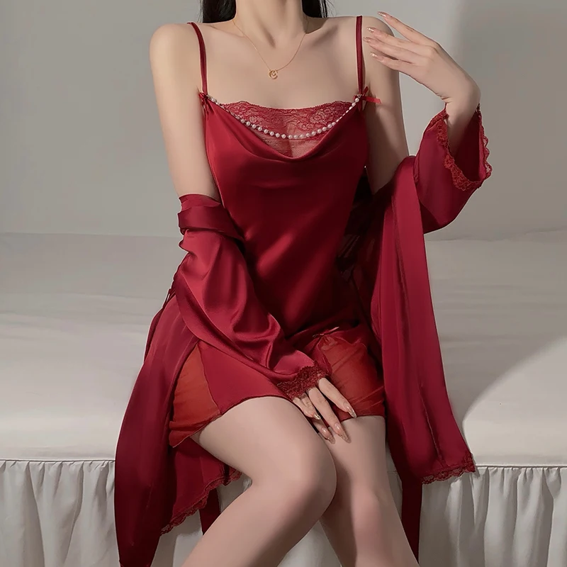Swinging Collar Women Fashion Pajamas Lace Splicing Mesh Nightdress Outer Robe Pearl Chain Decorative Sling Sleepwear
