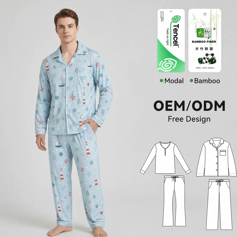 Tencel Modal Men's Pajamas Set Eco-friendly Adult Custom Pattern Sleepwear Factory