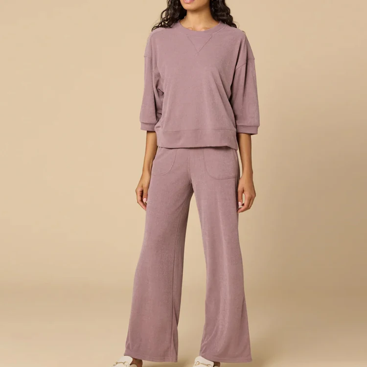 Terry women's Loungewear Short Sleeve Crewneck and Pant Set Bamboo Cotton Women Sleepwear Eco Friendly Soft Womens Homewear