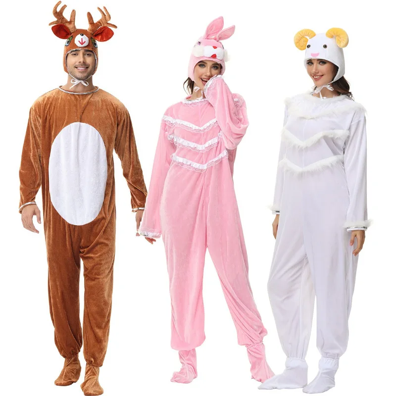 Thermal Fleece Cartoon Animal Adult Onesie Suit Cosplay Elk Sheep Rabbit Costume Pajamas Machine Embroidery