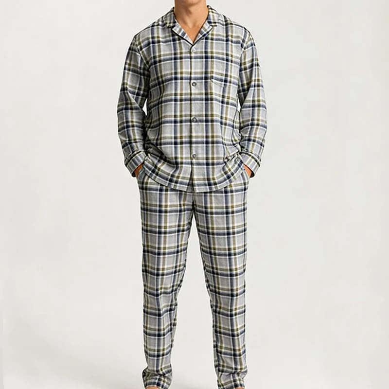 Thermal Men's 100% Cotton Pajama Set Plaid Nightwear Flannel Breathable Sleepwear Lounge Wear Yarn Dyed Technique