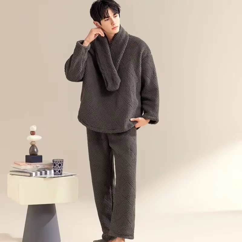 Thick Edition Men's Breathable Long Sleeve Warm Flannel Home Travel Essential Pajamas
