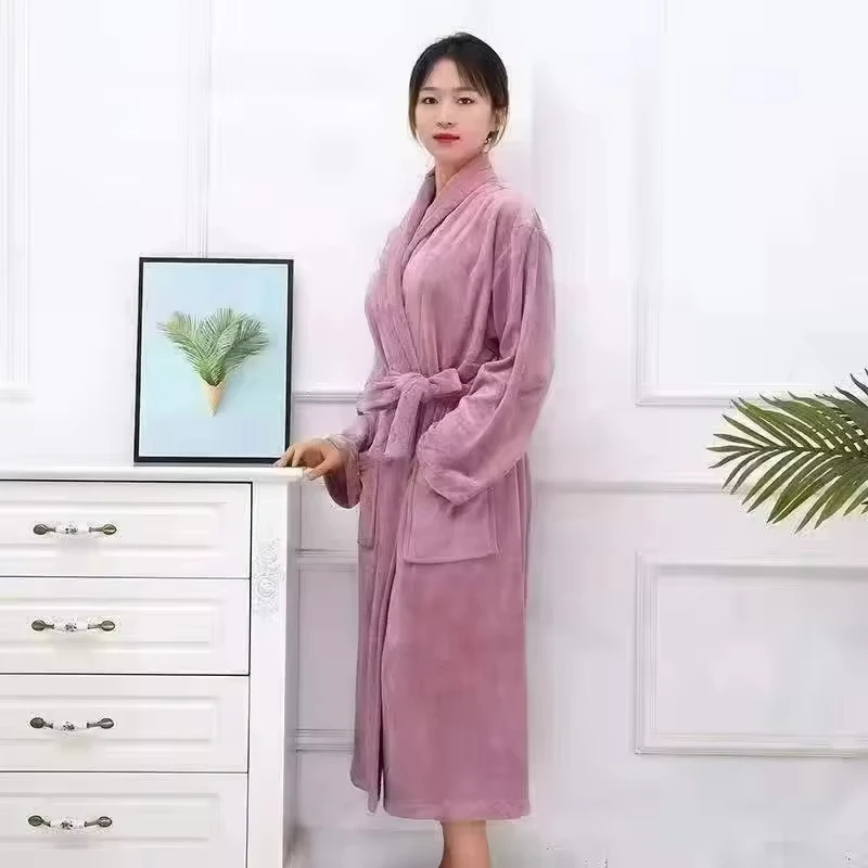 Thickened Flannel Robe Long Sleeve Couples Sleepwear Coral Fleece Bathrobe Medium Length Men's Pajamas Plus Size Home Clothes
