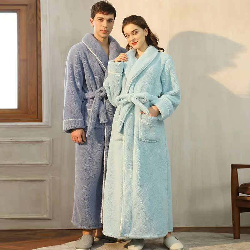 Thickened Long Robe Loungewear Shawl Gown Couple's Long Casual Bathrobe Long Plush Warm Couple's Pajamas