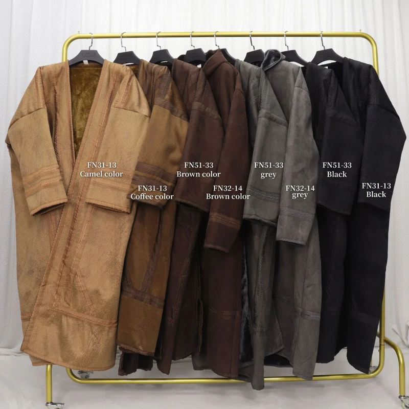 Thickened Suede Fleece Men's Long Robe Cardigan Warm Hoodless Open Front Abaya for Middle Eastern Winter Wear