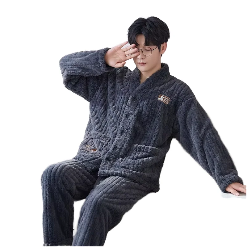 Thickened Warm Spring Woven Winter Men's Fashion Bathrobe 100% Polyester Waffle Fabric Long Sleeve Breathable Embroidered Casual