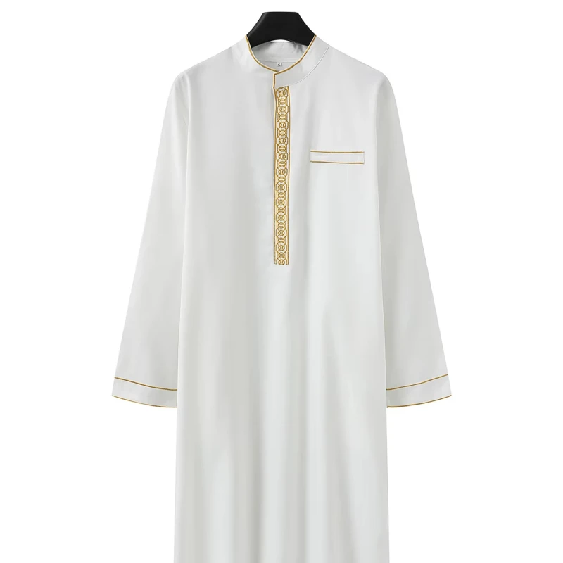 Thobe Men's Robe for Middle East Embroidered Stand-Up Collar Loose Arab Muslim Style In-Stock Polyester