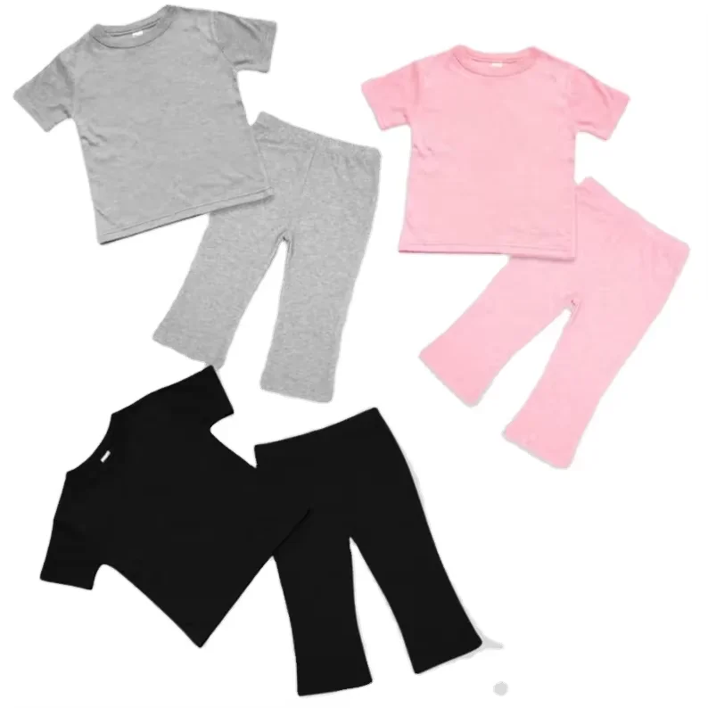 Toddler Blank Knit Cotton Short Sleeve Tshirt and Pant Pajamas Set Unisex Baby Sleepwear