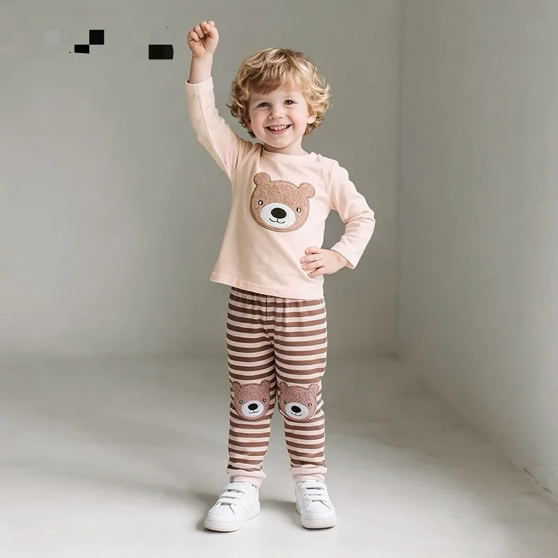 Toddler Boys 2 Piece Cartoon Bear Pajama Set Long Sleeve Crewneck Cute Bear Appliquer + Joggers Kids Loungewear Sleepwear