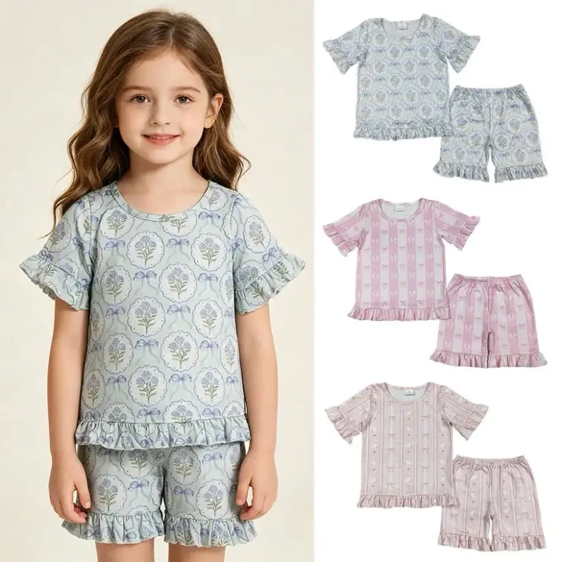 Toddler Girls Ruffle Pajamas Set Bow & Floral Print Short Sleeve Top and Shorts 2PCS