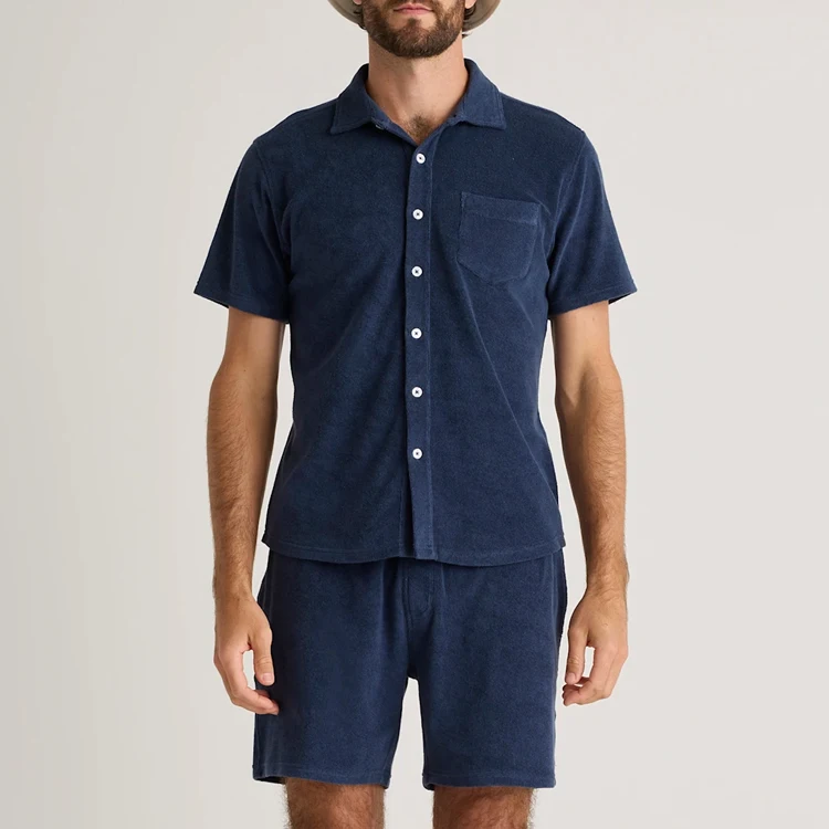 Towel Terry Shirt and Short Set Organic Cotton Men's Short PJ Set Short Sleeve Homewear for Men Button up Sleepwear