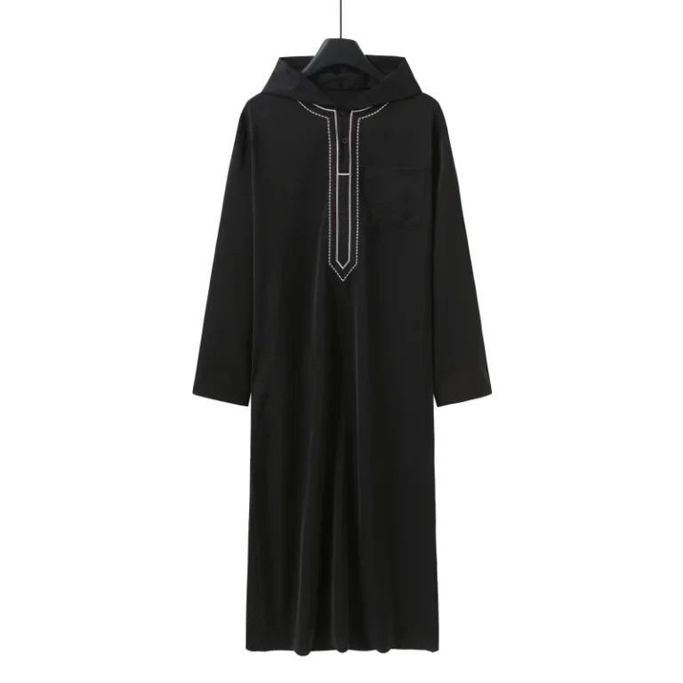 Traditional-Black-Embroidered-Thobe-Muslim-Mens-Hooded-Robe-Islamic-Clothing-Arab-Men-Kaftan-Thobe
