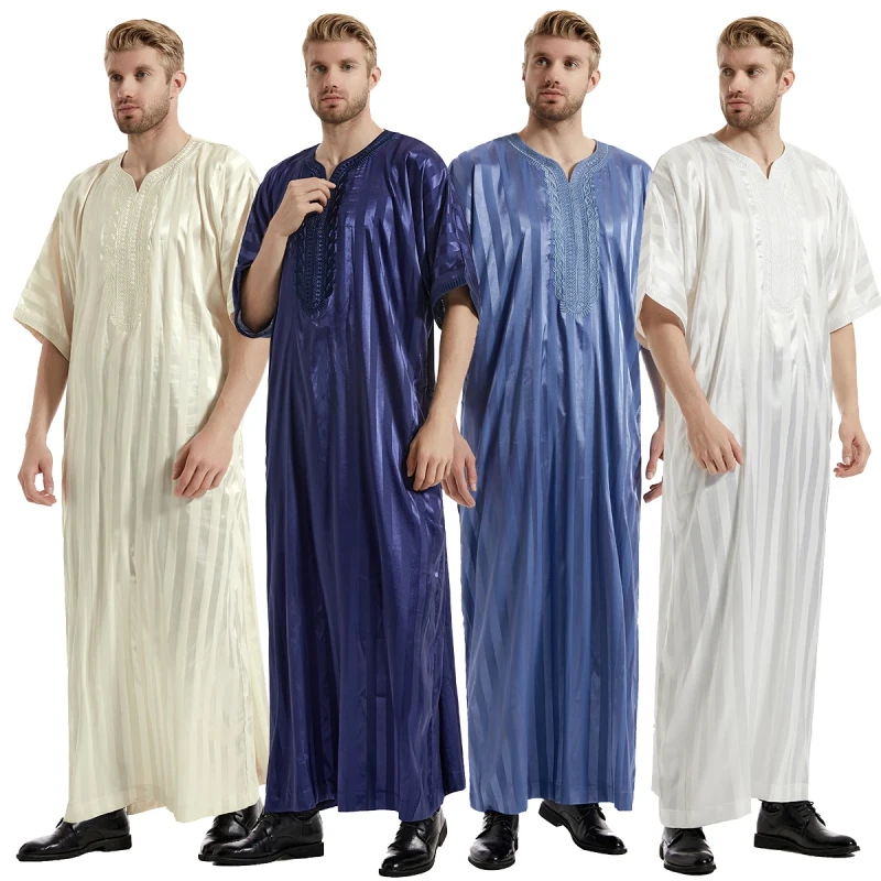 Traditional Muslim Men's Clothing Middle East Stripes Thoub Ramadan Muslim Men Jubba Thobe Embroidery Abaya Islamic Costume