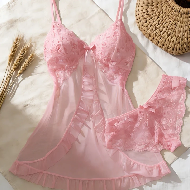 Transparent Mesh Nightdress Womens Underwear Lovely Bow Deep V Neck Two Piece Lingerie Set for Ladies Plus Size
