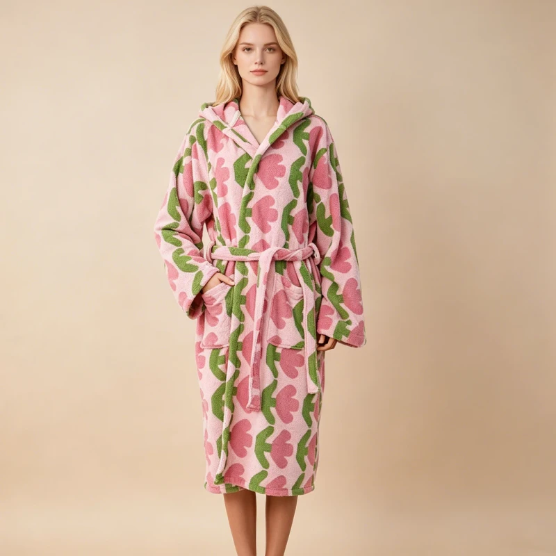 Tulip Series Hooded Bathrobe Water Absorbing 100% Cotton Printed for Home Hotel Use Women's Pajamas Set