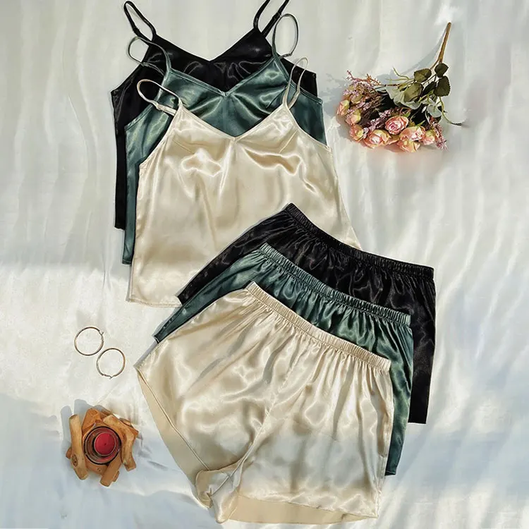 Two Piece Camisole Shorts Silk Pyjamas Women 100% Mulberry Silk Satin Pajama Set