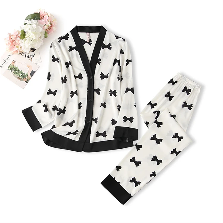 Two Piece Printed Silk Pajama Sets Men's Silk Pajamas Custom Size Women's Silk Sleeping Wear