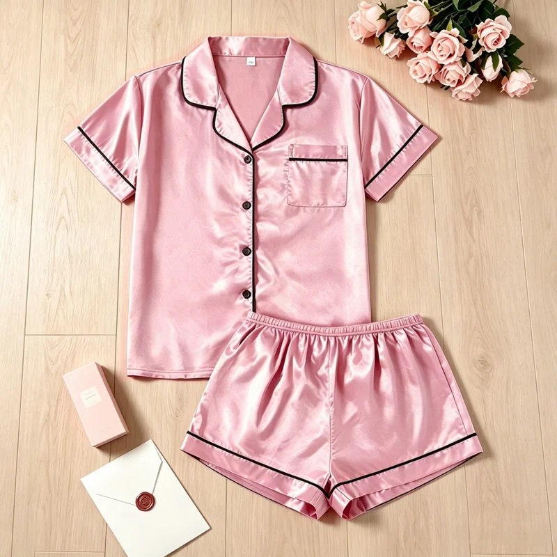 Two-Piece Solid Color Satin Women's Pajamas Elegant and Smooth, Short Style Loungewear