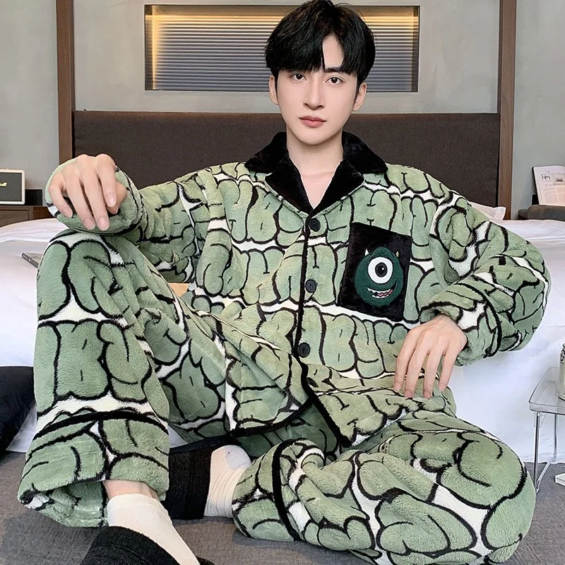 Two-piece Set of Men's Fleece and Thickened Coral Fleece Cartoon Casual Plus-size Flannel Home Wear with Leftover Stock