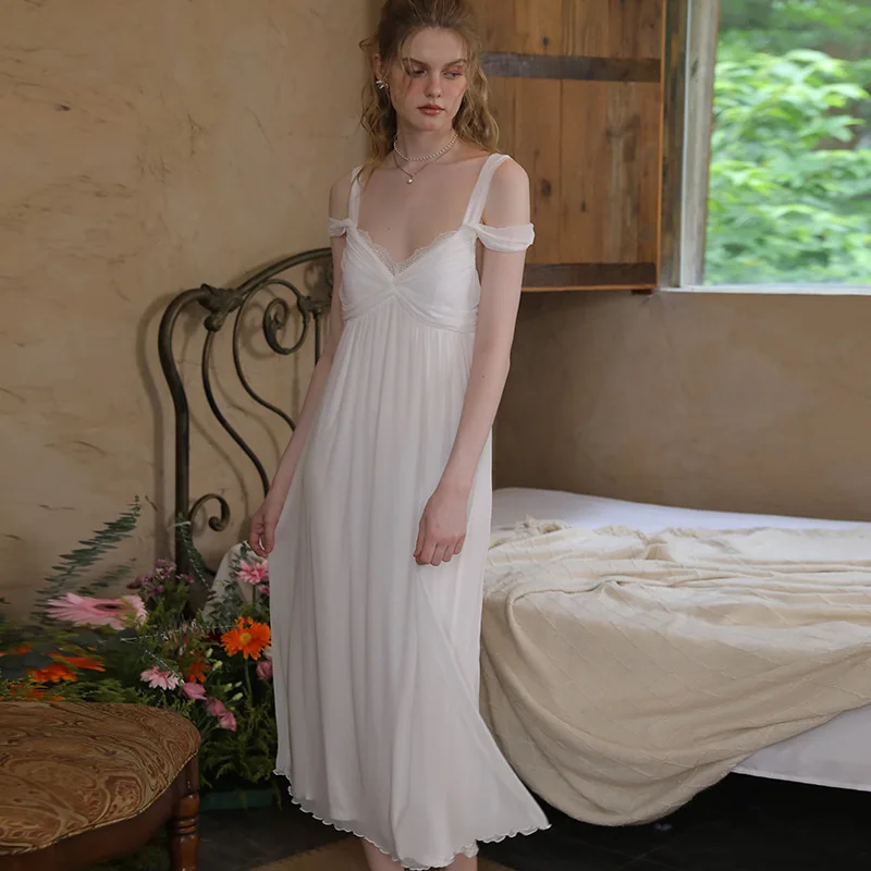 Two-way Convertible Strap Nightgown Breast Pad Knot Design Fairy-style Long Dress French Slightly Sexy Lazy Style Summer Modal