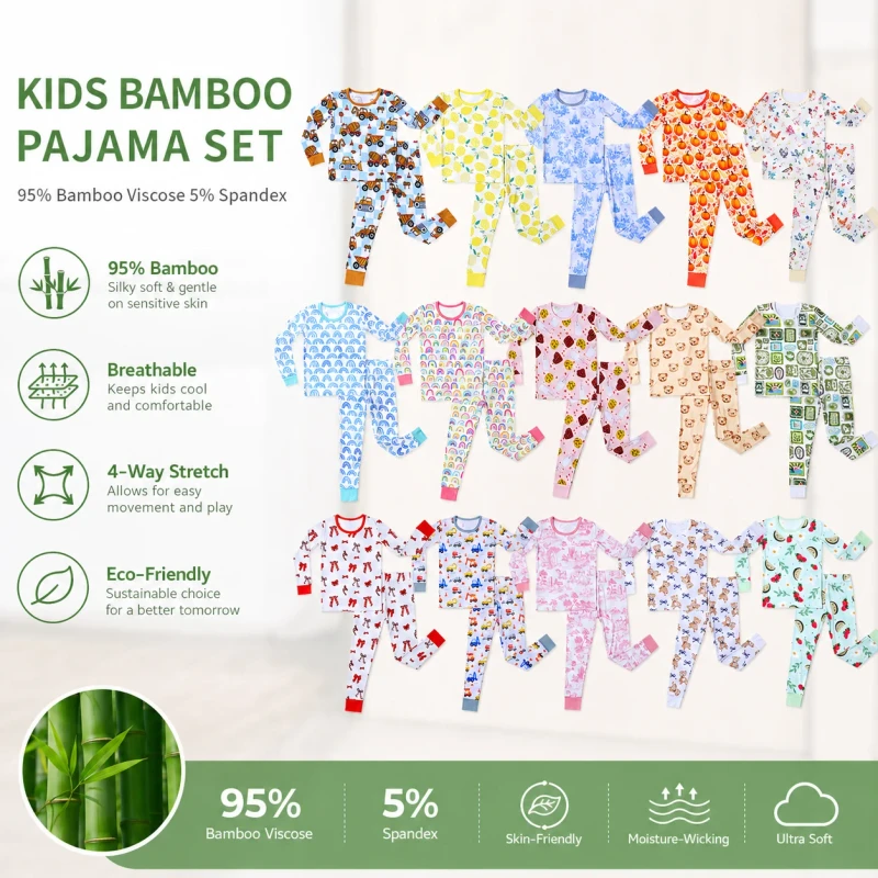 Ultra Soft 95% Bamboo Viscose Kids Pajama Set Breathable Long Sleeve Toddler Sleepwear Children Pjs