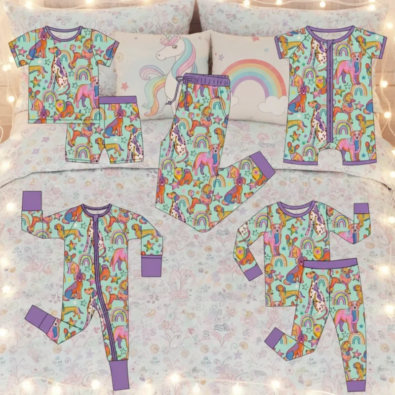 Unicorn Rainbow Stars Print Bamboo Kids Adults Pajamas Sets Onesies Romper Comfortable Spring Summer Family Matching Sleepwear