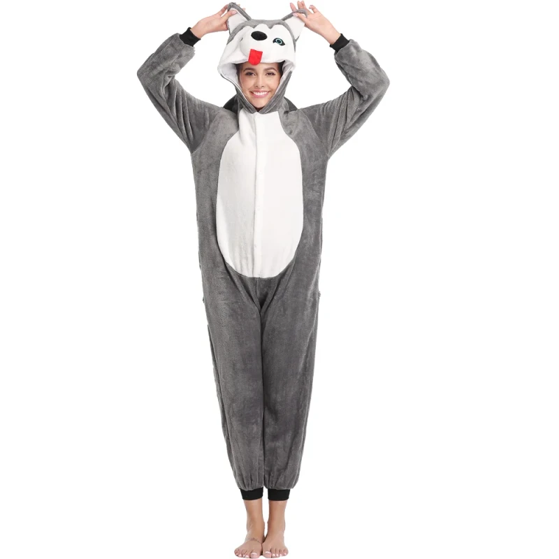 Unisex Dog Fox Animal Themed Cartoon Cosplay Comfortable Hooded Onesie Pajamas Polyester Adult Costume Sleepwear