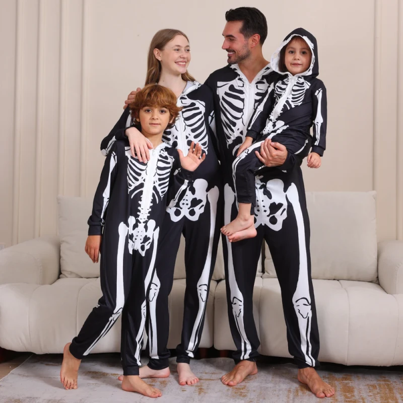 Unisex Skeleton Costume Sleepwear Nightwear Plus Size Women's Casual Onesie Family Sleepwear for Halloween Parties and Cosplay