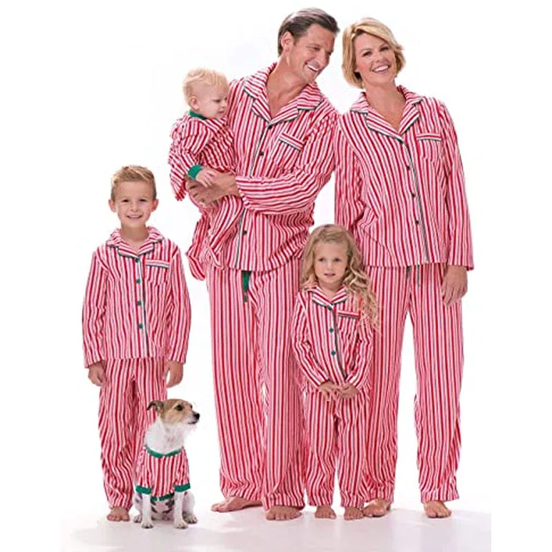 Unisex Soft Striped Button Christmas Pajamas Outfits Long Sleeve Parent Child Home Wear Turn Down Collar Fashionable Winter