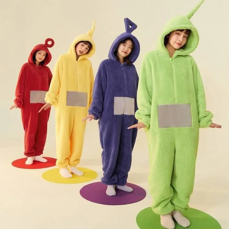 Unisex Teletubbies Cartoon Onesie Pajamas Coral Fleece Couple Set Thickened Home Wear