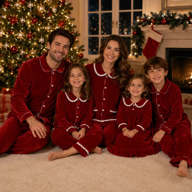 Velvet Family Pajamas Lace Trim Holiday Pjs Toddler Ruffle Nightgown Matching Christmas Loungewear Velour Winter Sleep Set